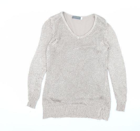 Mint Velvet Women’s Beige V-Neck Long Sleeve Open-Knit Jumper Size 8