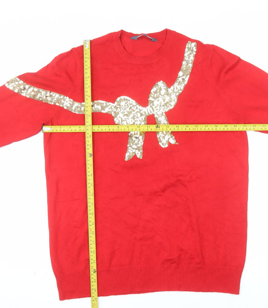 Sosandar Women Red Sequin Bow Christmas Jumper Size 16
