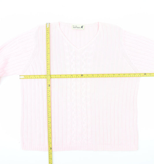 Tulchan Women Pink Cotton V-Neck Cable Knit Jumper Size L