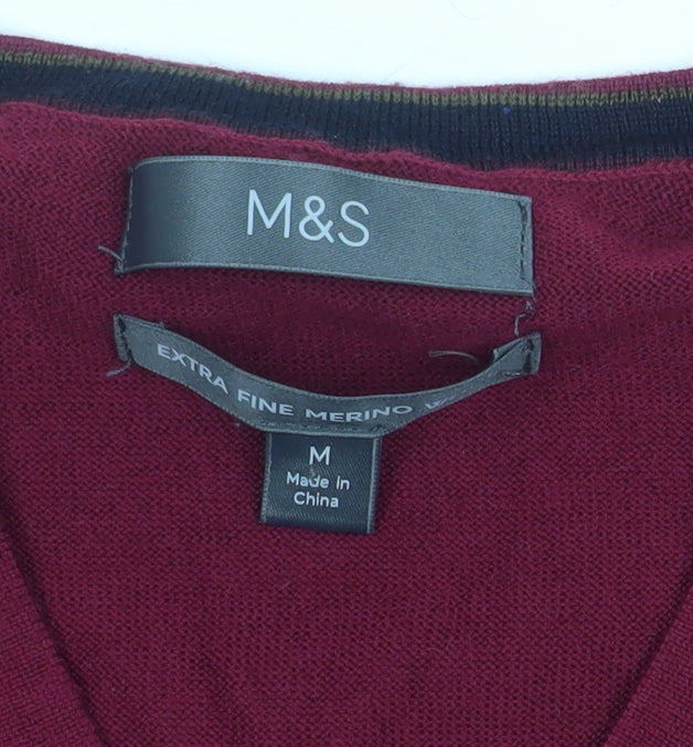 Marks and Spencer Mens Red Merino Wool V-Neck Jumper M