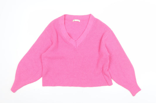 Pull&Bear Women’s Pink V-Neck Ribbed Knit Jumper Size S