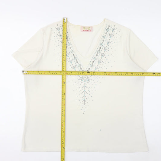 Riddella Women’s Ivory Beaded V-Neck Stretch T-Shirt Size 16