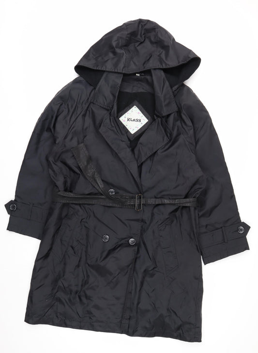 Klass Women’s Black Trench Coat Size 12 Hooded Belted Long