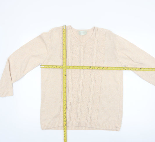 Jumper Women Beige V-Neck Cable-Knit Cotton Pullover L