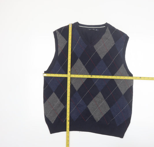 Nautica Men Blue Argyle Sleeveless Cotton Knit Vest L Classic V-Neck Jumper