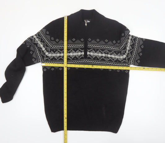 Cellini Men's Black Fair Isle Wool Blend 1/2 Zip Jumper M