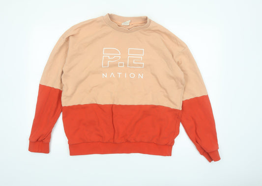 Additional front view of P.E Nation unisex beige red colour block cotton sweatshirt s