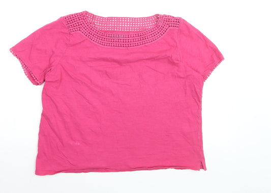 Laura Ashley Women's Pink Cotton Crochet Neck Short Sleeve Top Size 16
