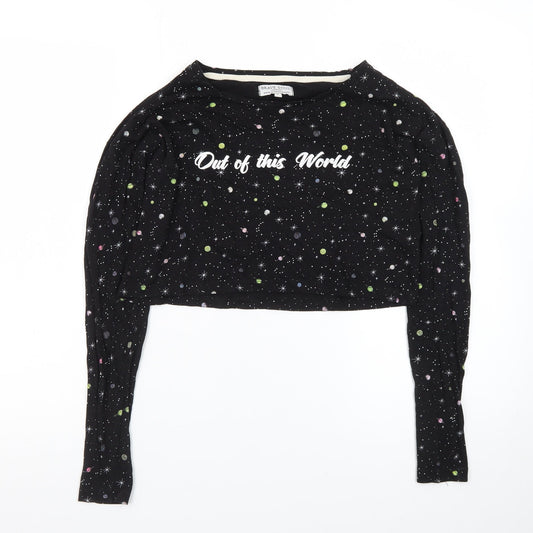Brave Soul Women's Black Space Print Cropped Long Sleeve T-Shirt Size S