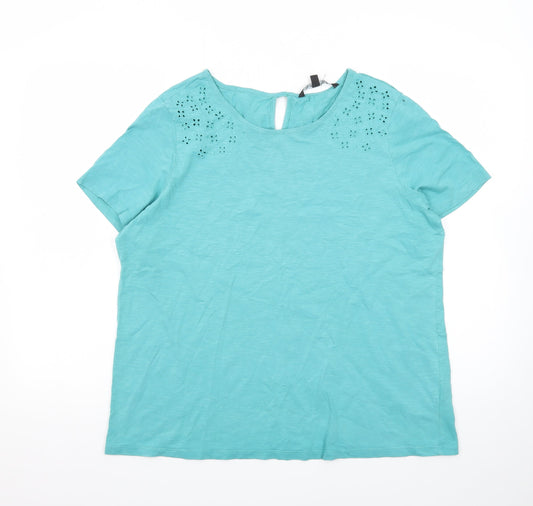 Bonmarché Women's Blue Cotton Embroidered Short Sleeve T-Shirt Size 14