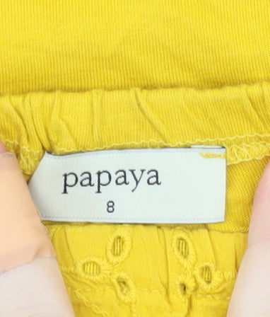 Brand and care label for Papaya Women's Yellow Off Shoulder Broderie Cotton Blouse, size 8