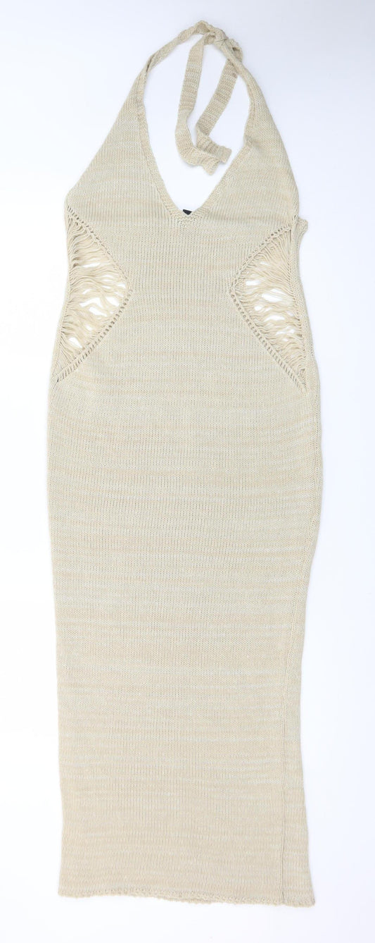 PRETTYLITTLETHING Women Beige Halter Bodycon Knit Midi Dress S