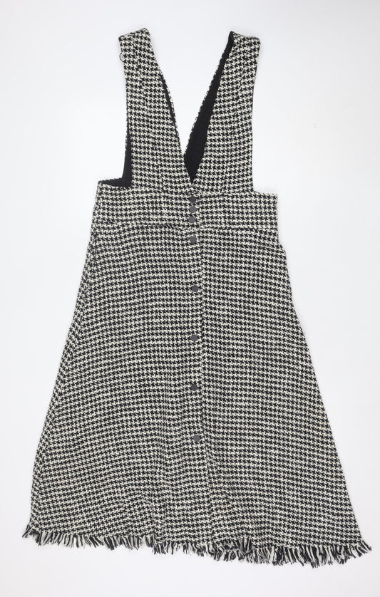 Zara Women’s Black Houndstooth Pinafore Dress M Wool Tweed