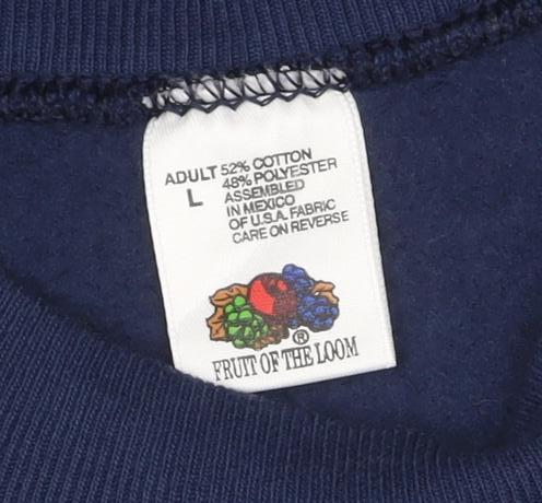 Brand and care label for Fruit of the Loom Blue Funny Graphic unisex l pullover sweatshirt