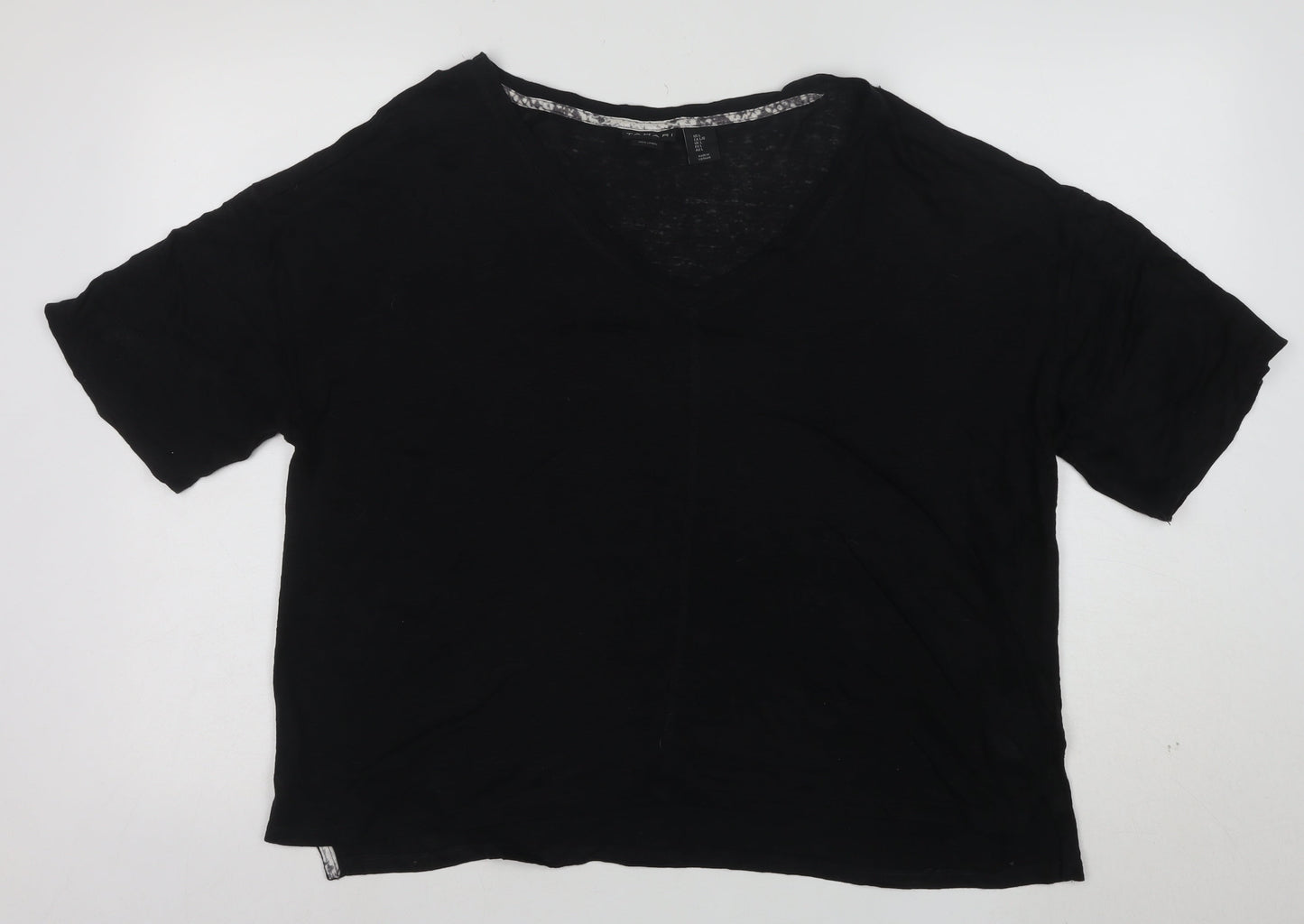 Tahari Women’s Black Linen V-Neck Short Sleeve Relaxed Fit T-Shirt Size L