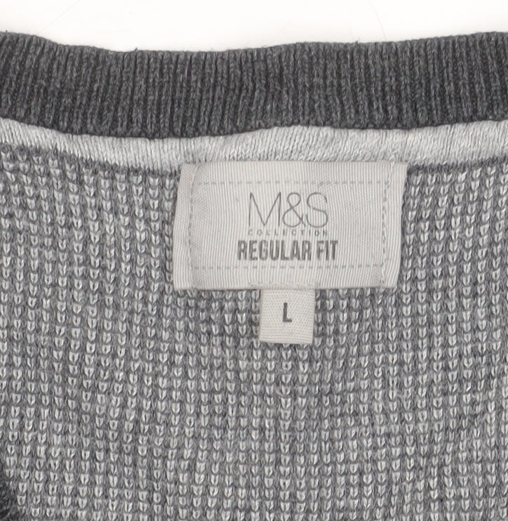 Marks and Spencer Men's Grey Cotton V-Neck Jumper L Regular Fit