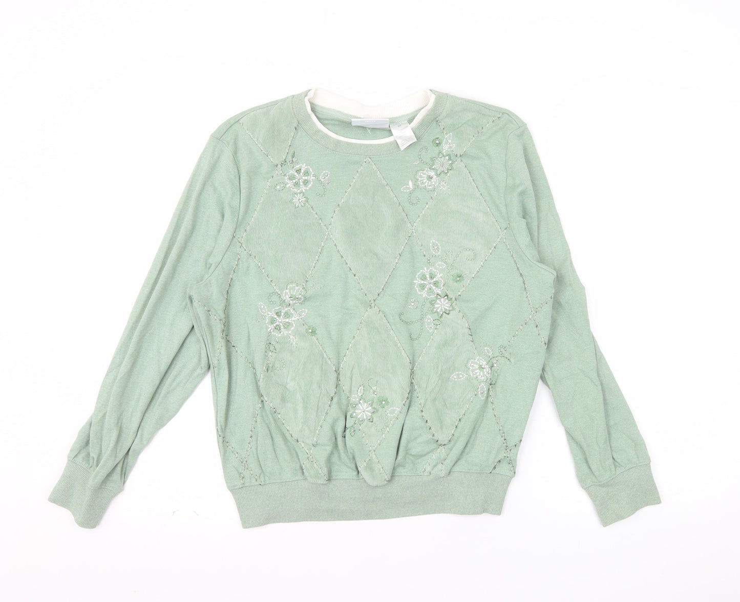 Alfred Dunner Petite Green Embroidered Argyle Long Sleeve Sweatshirt PM