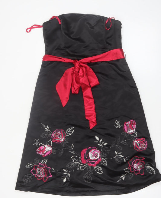 Debut Womens Black Red Floral Embroidered Strapless Knee Dress Size 12