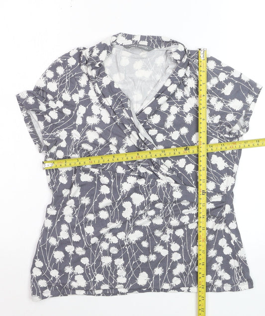 Laura Ashley Women’s Grey Floral Wrap Blouse UK 14 Short Sleeve Cotton