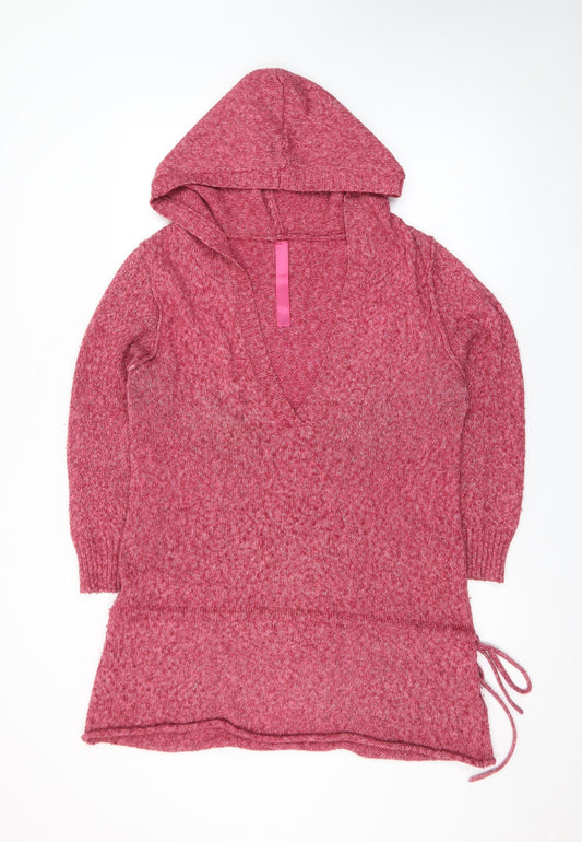 Evie Women’s Pink Hooded Tunic Jumper Size 16 V-Neck Knit