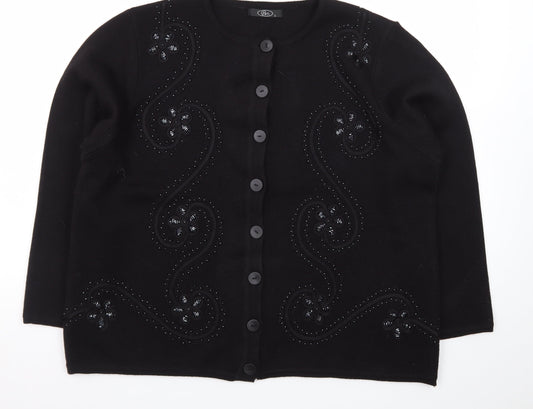 Bonmarché Women Black Beaded Button Cardigan L Long Sleeve Classic