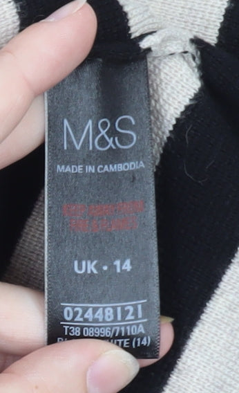 Marks and Spencer Women Black Beige Striped Jumper UK 14 3/4 Sleeve