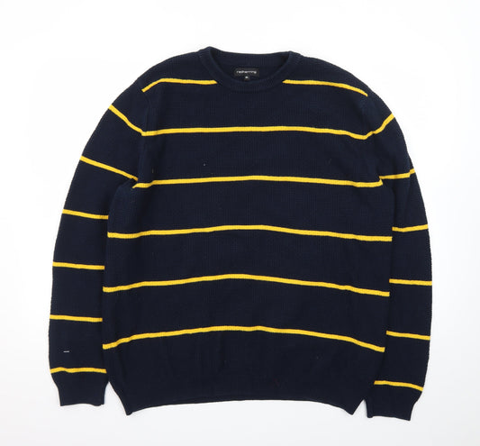 Back view of Red Herring Men's Blue Striped Waffle Knit Crew Neck Jumper XL
