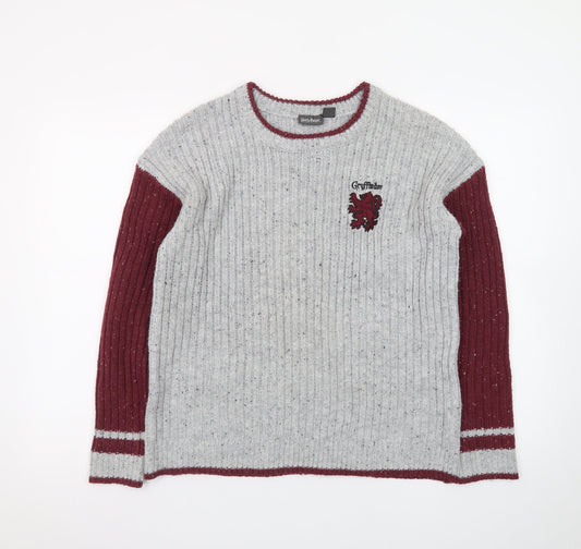 Additional front view of Harry Potter unisex grey gryffindor knit jumper, size S, crew neck