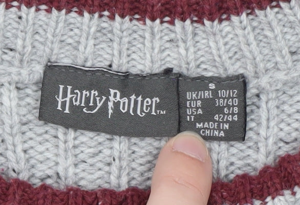 Brand and care label for Harry Potter unisex grey gryffindor knit jumper, size S, crew neck