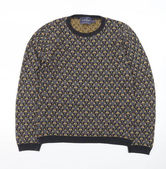 Back view of Topman Men's Grey Geometric Knit Crew Neck jumper, size S