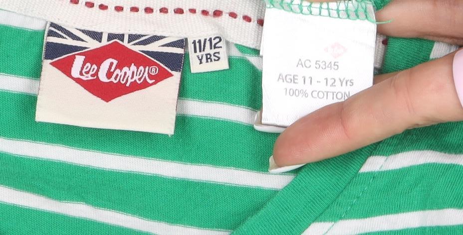 Lee Cooper Girls Green White Striped T-Shirt Age 11-12 Years 100% Cotton
