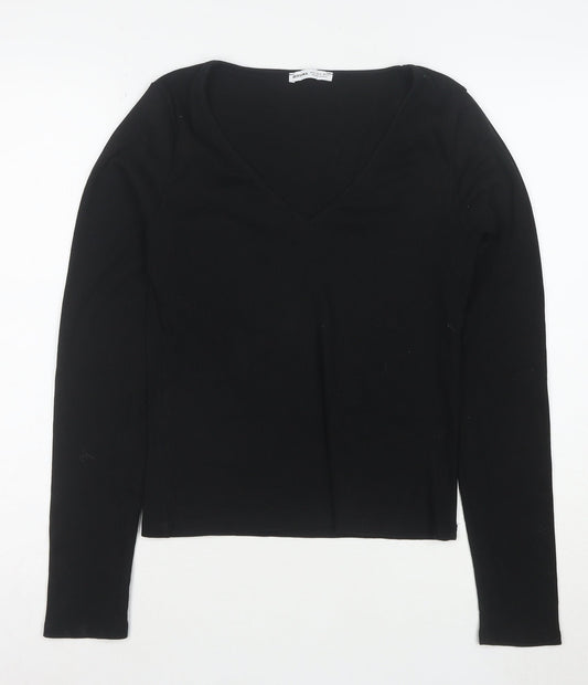 Bershka Women’s Black V-Neck Long Sleeve Slim Cotton Top L