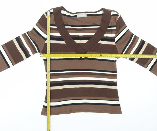 Wallis Women’s Brown Striped 3/4 Sleeve V-Neck Cotton T-Shirt Size 12