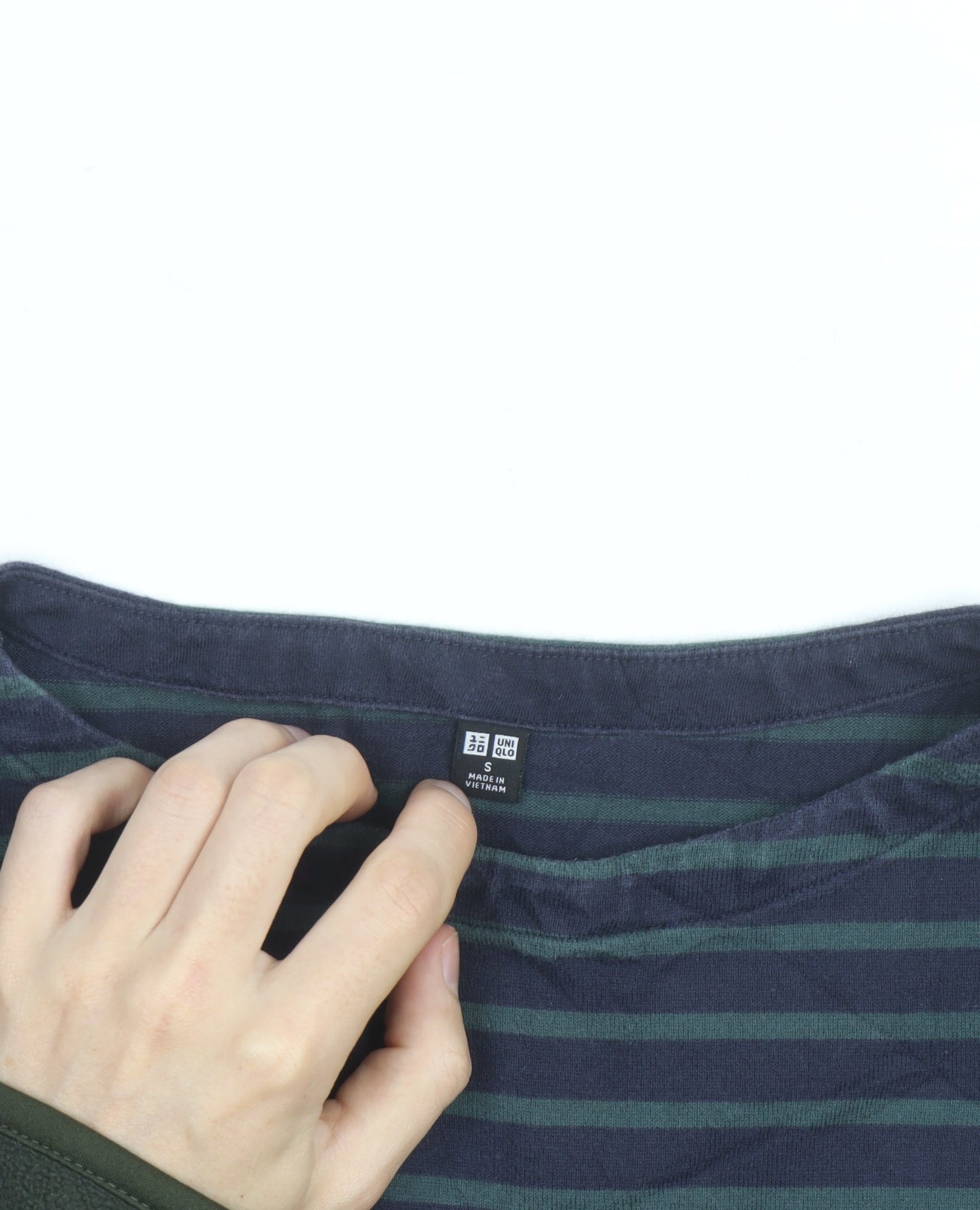 Uniqlo Men's Navy Green Striped Long Sleeve Cotton Top Size S