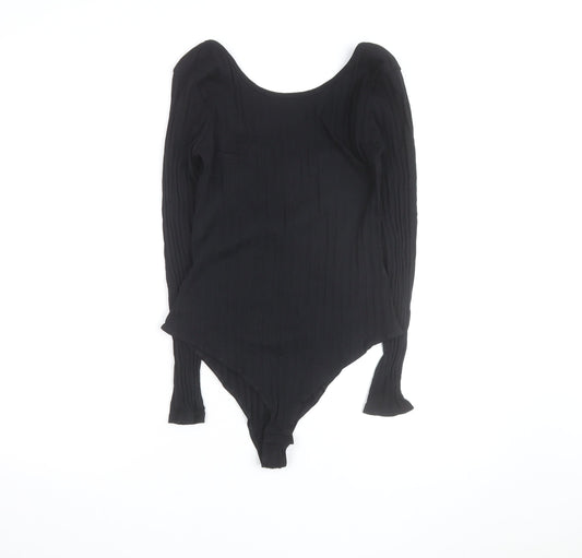H&M Women Black Ribbed Long Sleeve Bodysuit Size L