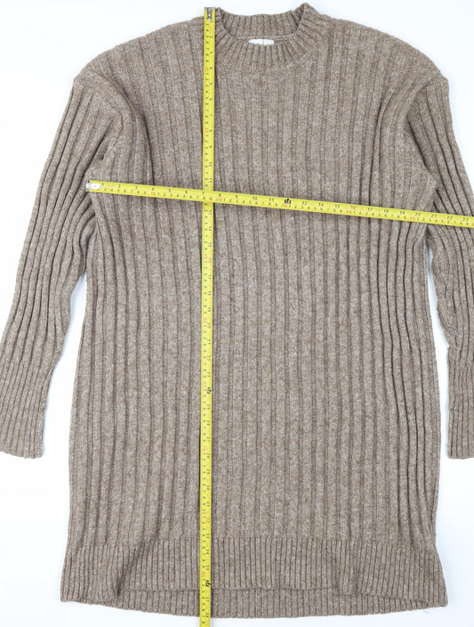 H&M Women Beige Knit Jumper Dress Size 12 Long Sleeve Crew Neck