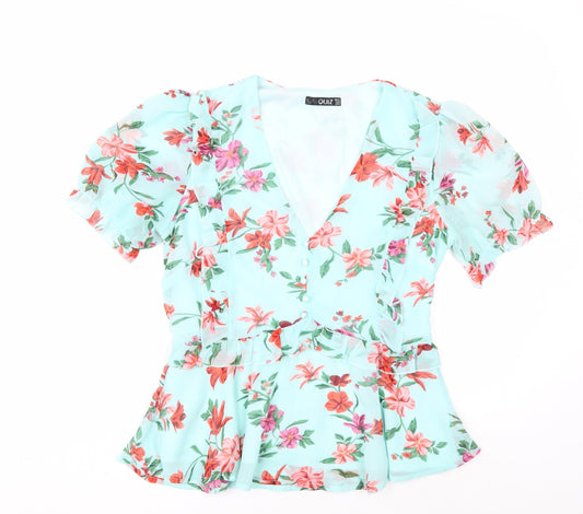 Quiz Women’s Blue Floral Wrap Blouse Size 12 Puff Sleeve