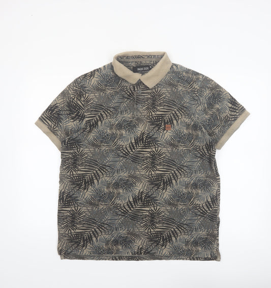 Indicode Men’s Beige Tropical Leaf Print Polo Shirt Size L