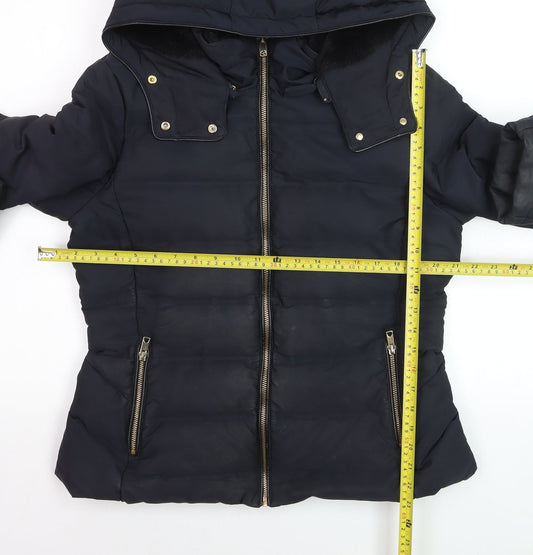 ZARA Women Black Puffer Jacket Hooded Lined Size 14