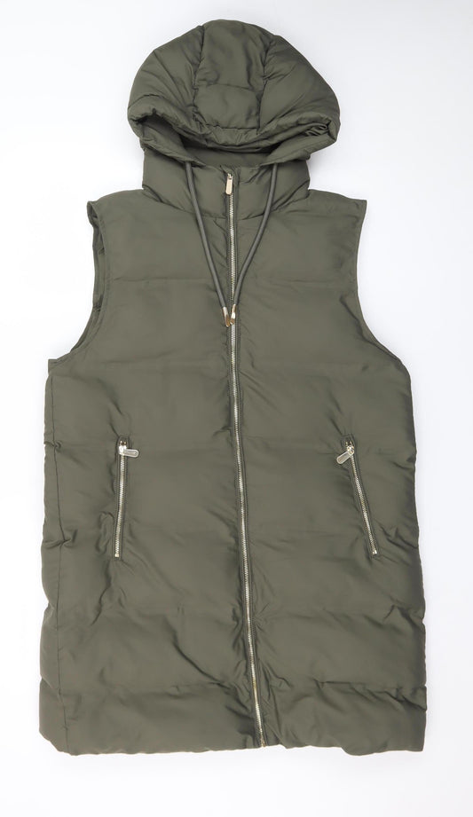 Zara Women's Green Long Hooded Puffer Waistcoat Size 14