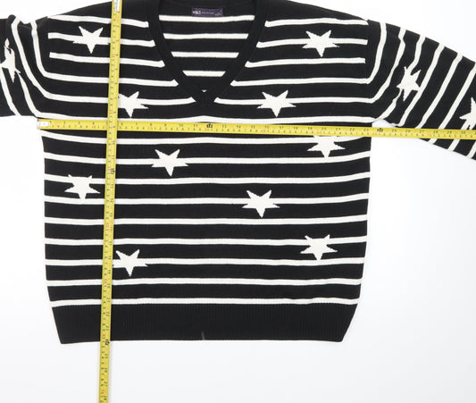 Marks and Spencer Women's Black V-Neck Star Stripe Jumper Size 16