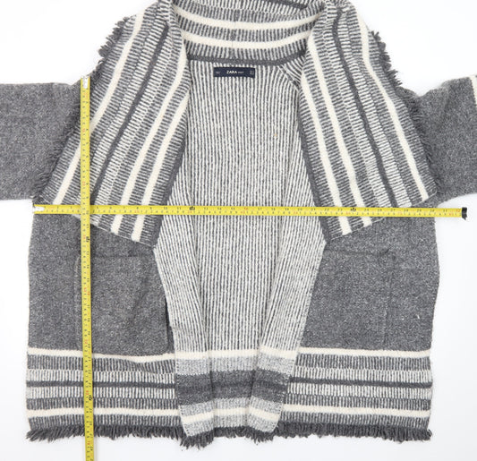 ZARA Women Grey Wool Blend Striped Knit Cardigan Size S