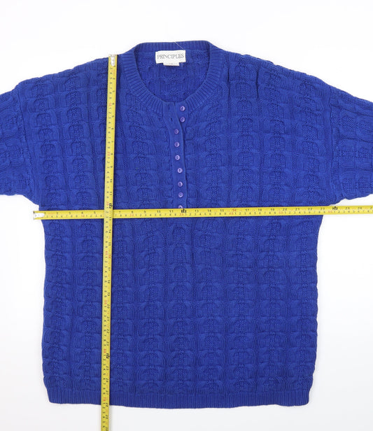 Principles Women's Blue Cotton Henley Jumper L Cable Knit Classic