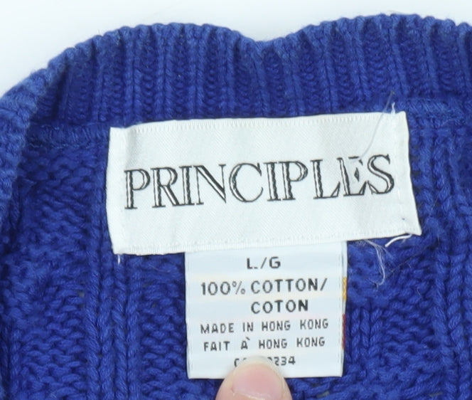 Principles Women's Blue Cotton Henley Jumper L Cable Knit Classic