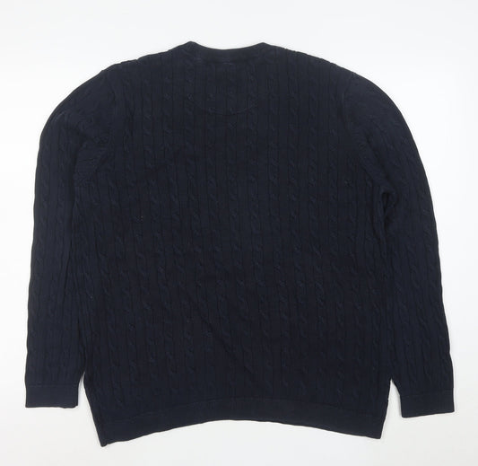 Racing Green Men's Blue Cable-Knit Cotton Jumper XL Crew Neck