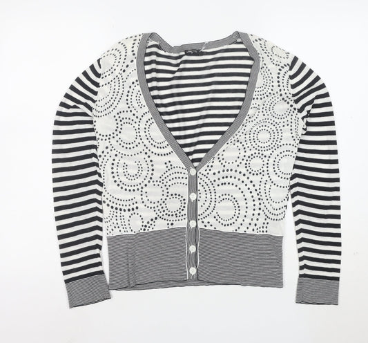 Linea Women’s Black White Striped V-Neck Button Cardigan M Cotton