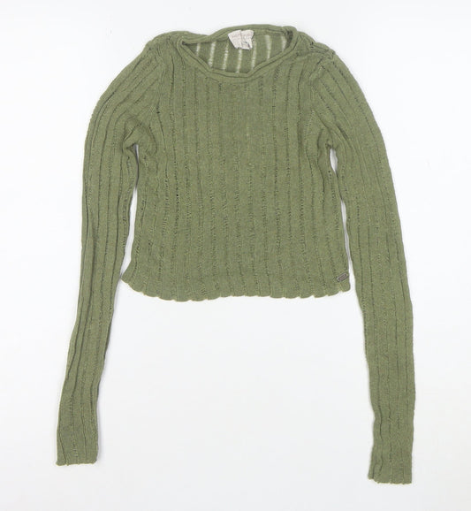 Additional front view of Pull&Bear Teens Green Cropped Knit Long Sleeve T-Shirt XS