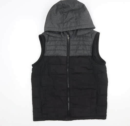 Identic Men Black Grey Hooded Quilted Waistcoat Size S 44/46
