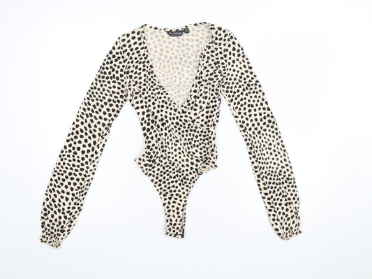 Miss Selfridge Women's Beige Animal Print Long Sleeve Bodysuit UK 6