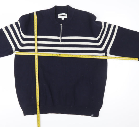Marks and Spencer Men's Blue XL Striped 1/2 Zip Cotton Blend Jumper